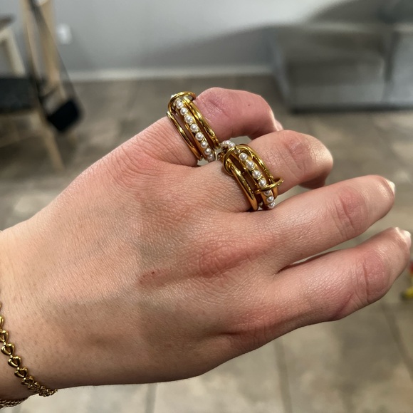 Gold with Pearl Stackable Rings - Picture 2 of 3
